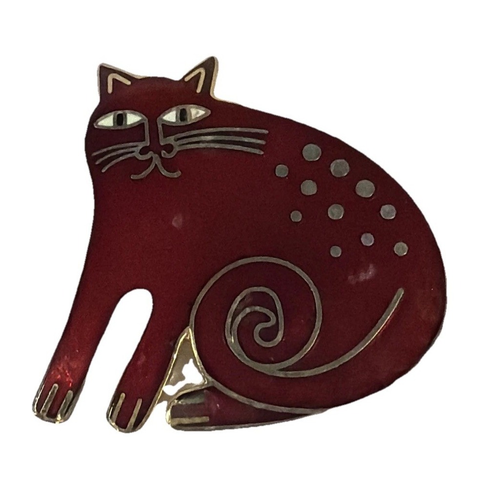 Vintage Laurel Burch Cheshire Cat Brooch Red Enamel Gold Tone Signed Pin